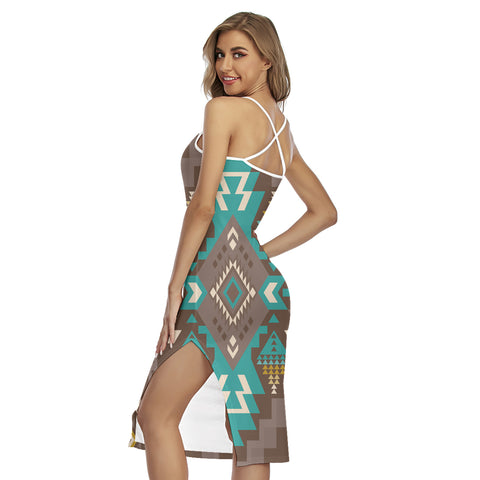 GB-NAT00538-01 Pattern Native 3D Wrap Hem Belted Halter Dress