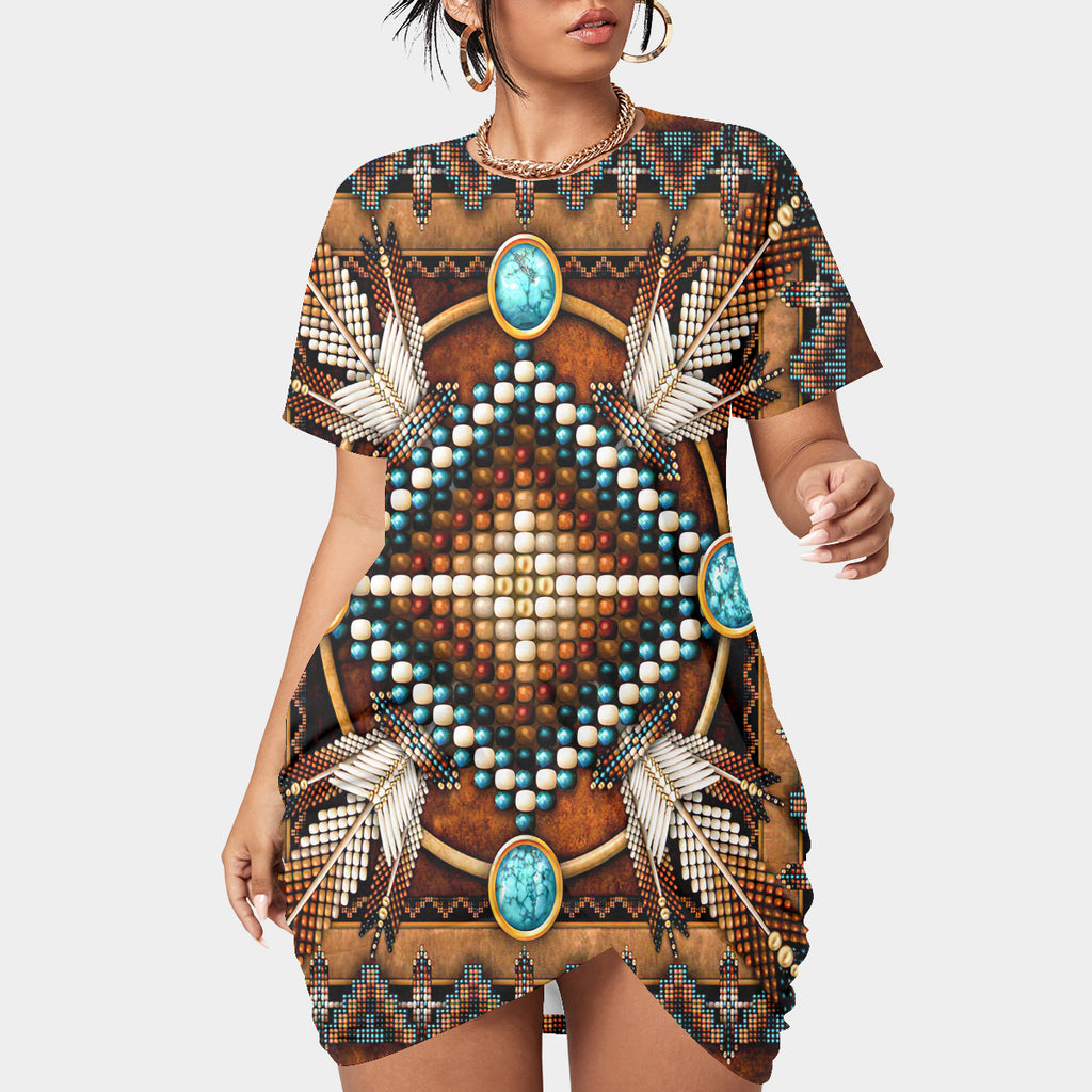 GB-NAT00023-04 Mandala Brown  Women’s Stacked Hem Dress With Short Sleeve