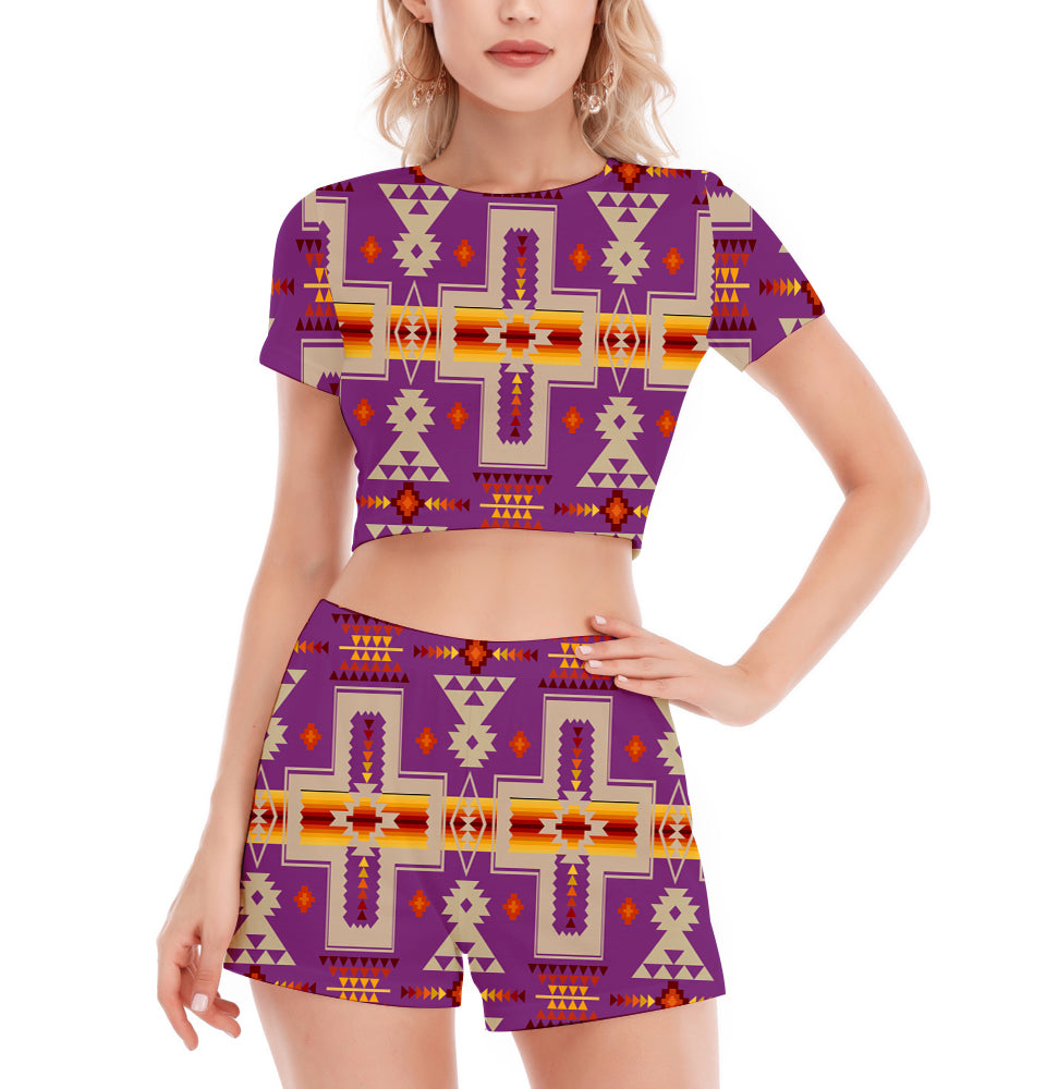 Powwow StoreGBNAT0006207 Pattern Native Women's Short Sleeve Cropped Top Shorts Suit