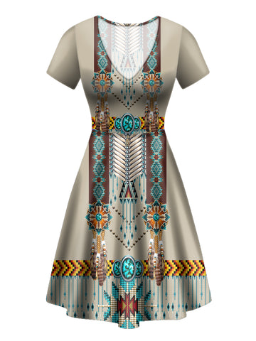 GB-NAT00069 Turquoise Blue Pattern Breastplate Neck Dress