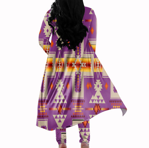 GB-NAT00062-07 Light Purple Tribe Design Cardigan Coat Long Pant Set