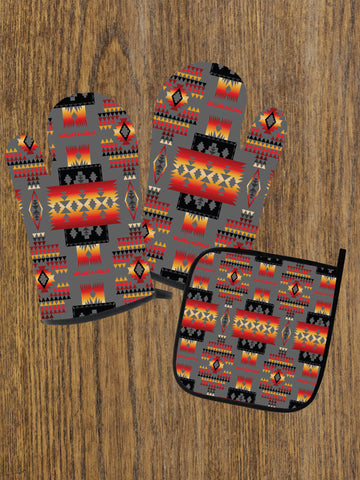 Powwow Store gb nat00046 11 gray tribe pattern native american oven mitts and potholder set