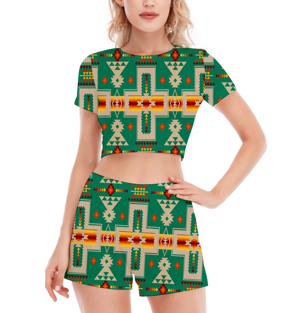 Powwow StoreGBNAT0006208 Pattern Native Women's Short Sleeve Cropped Top Shorts Suit