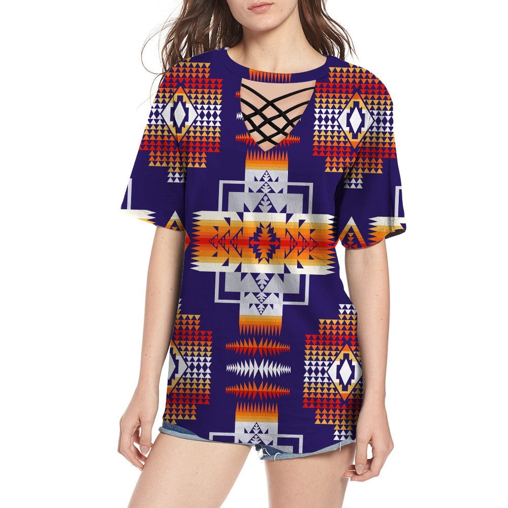 GB-NAT0004 Purple Pattern Native American Round Neck Hollow Out Tshirt - Powwow Store