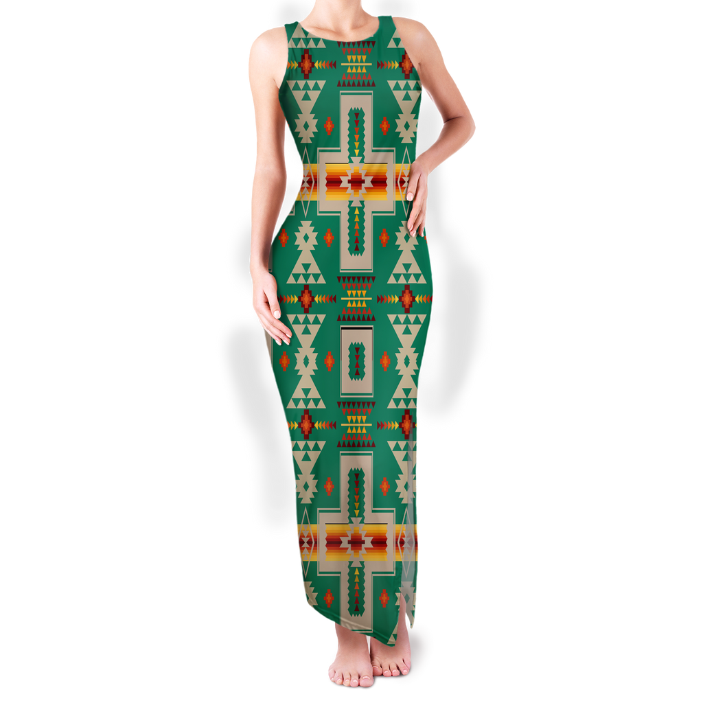 Powwow StoreGBNAT0006208 Pattern Native Round Neck Double Slit Sundress