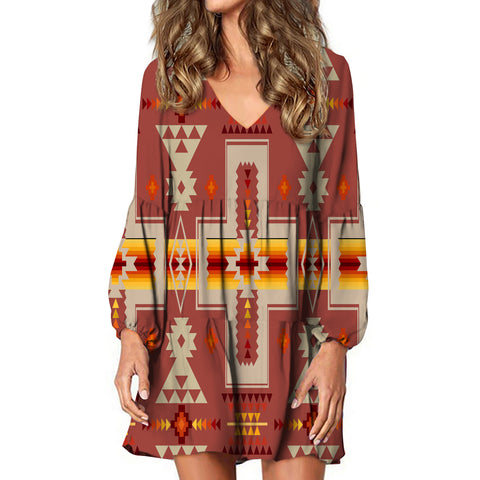 GB-NAT00062-11 Tan Tribe Design Native American Swing Dress
