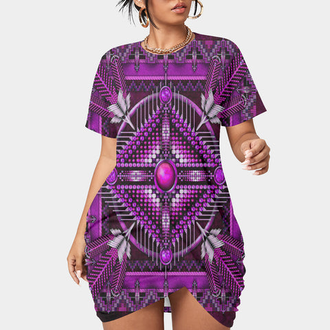 GB-NAT00023-05 Naumaddic Arts Purple Native  Women’s Stacked Hem Dress With Short Sleeve