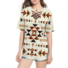 GB-NAT00514 Ethnic Pattern Design Round Neck Hollow Out Tshirt - Powwow Store