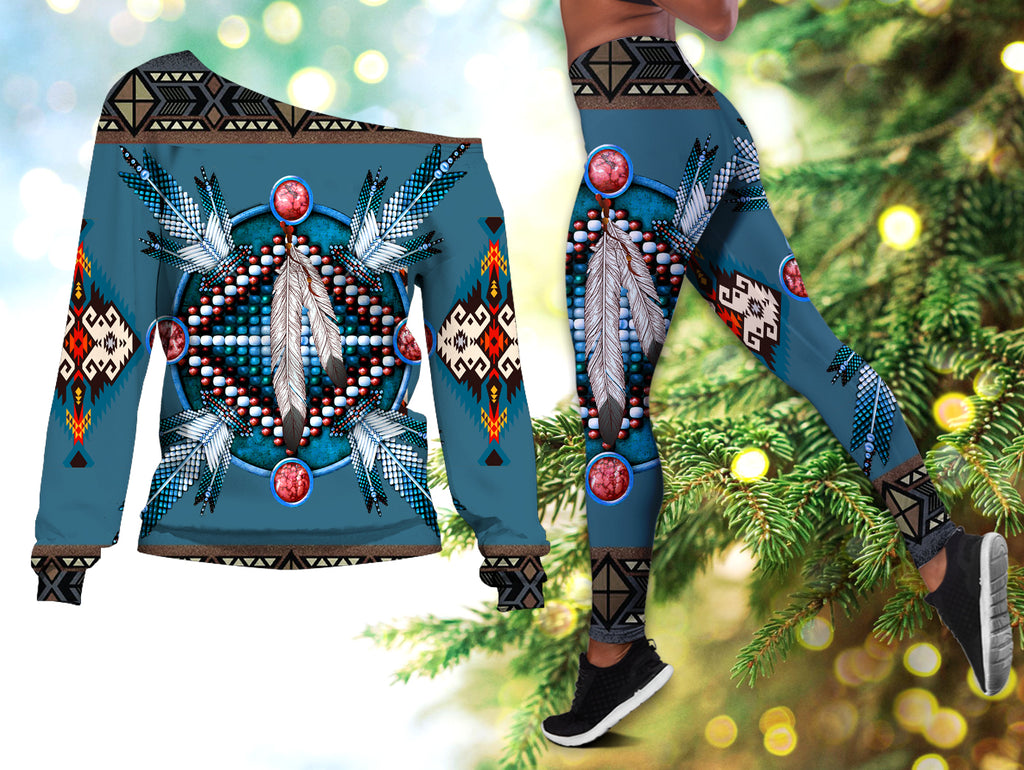 Powwow StoreGBNAT0064002 Pattern Blue Mandala American Offshoulder Sweater Legging Set