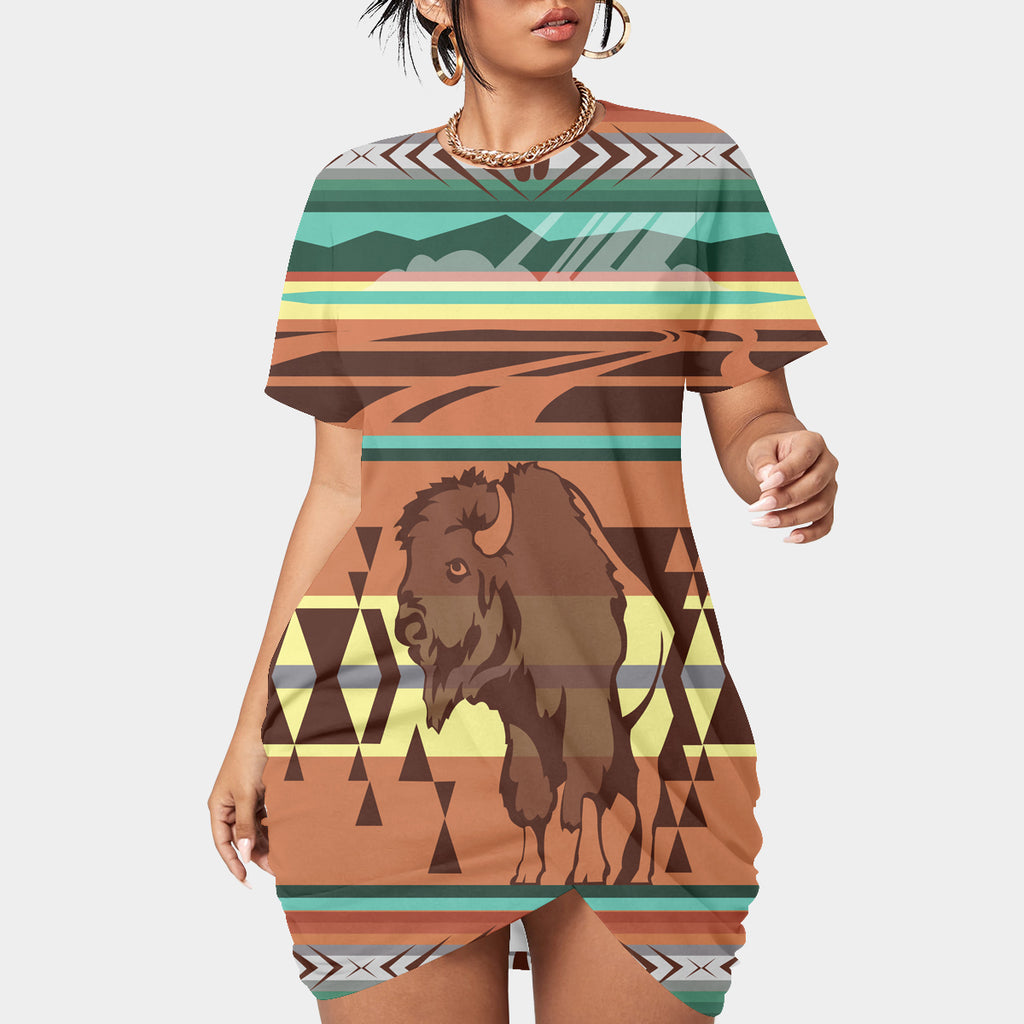 Powwow StoreGBNAT00024 Bison Native  Women’s Stacked Hem Dress With Short Sleeve