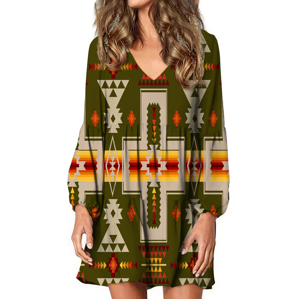 GB-NAT00062-12 Dark Green Tribe Design Native American Swing Dress