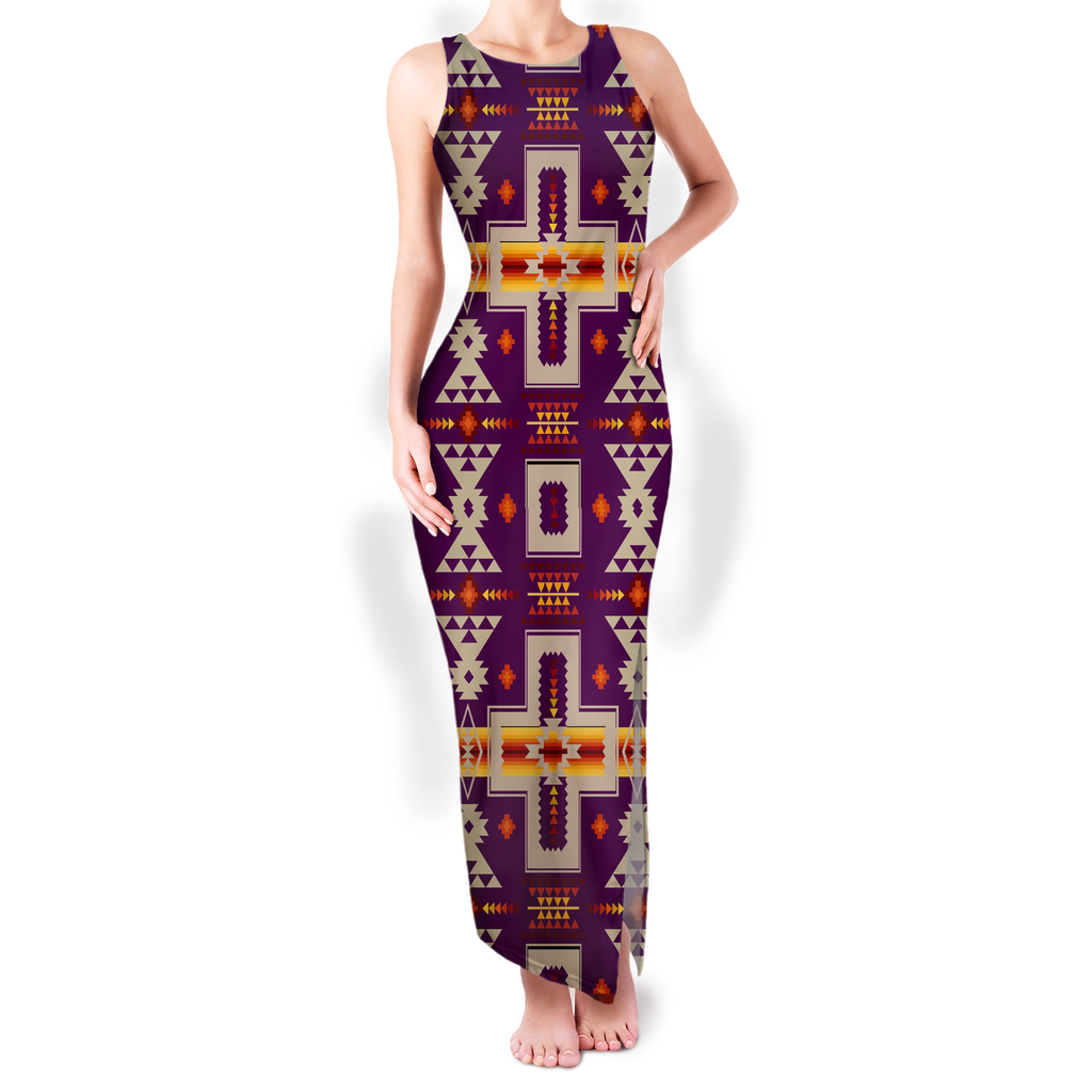 Powwow StoreGBNAT0006209 Pattern Native Round Neck Double Slit Sundress