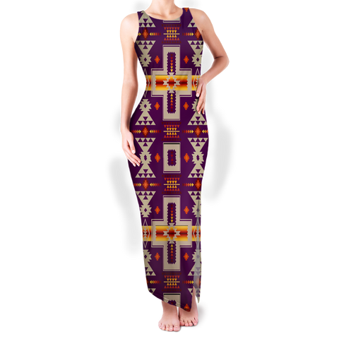 GB-NAT00062-09 Pattern Native Round Neck Double Slit Sundress