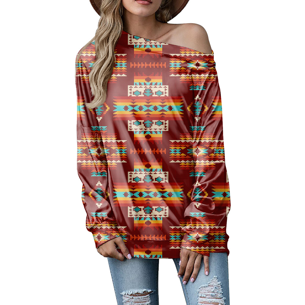 GB-NAT00402-02 Red Pattern Native Off-shoulder Sweatshirt