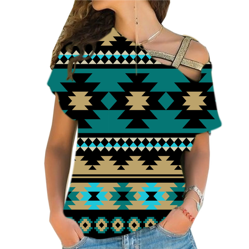 GB-NAT00509 Green Ethnic Aztec Pattern  Cross Shoulder Shirt