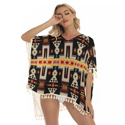 Powwow Store gb nat00062 01 black tribe design native square fringed shawl