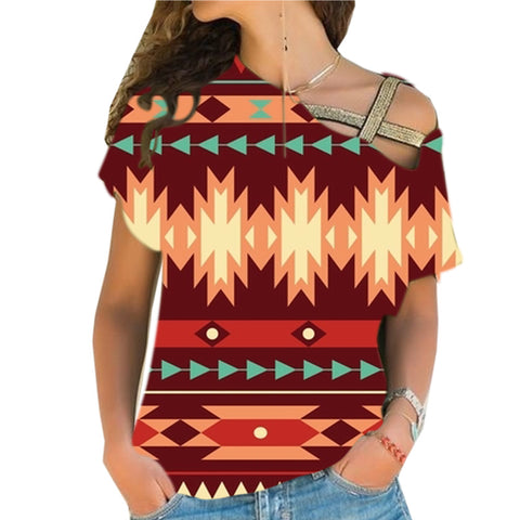 Powwow StoreGBNAT00510 Red Ethnic Pattern Cross Shoulder Shirt