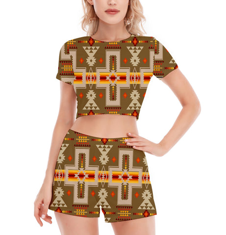 Powwow StoreGBNAT0006210 Pattern Native Women's Short Sleeve Cropped Top Shorts Suit