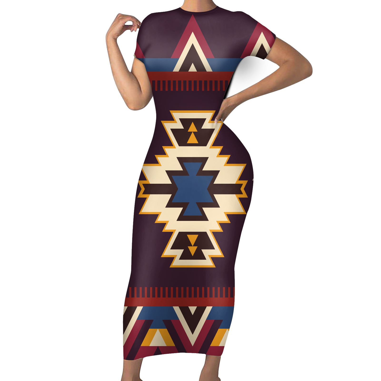 Powwow StoreGBNAT00736 Pattern Native ShortSleeved Body Dress