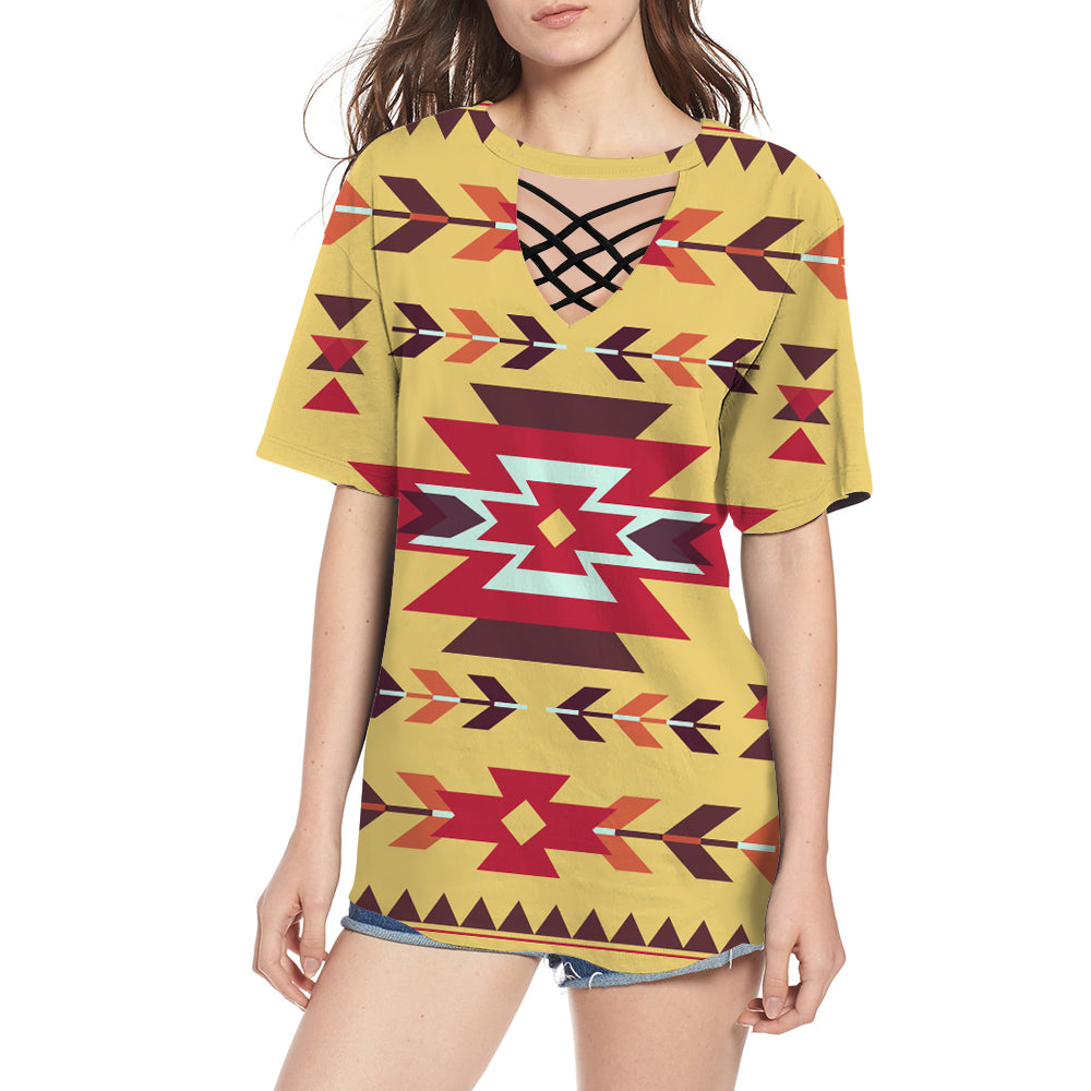 GB-NAT00515 Vector Tribal Native Round Neck Hollow Out Tshirt - Powwow Store