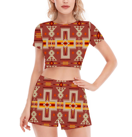 Powwow StoreGBNAT0006211 Pattern Native Women's Short Sleeve Cropped Top Shorts Suit