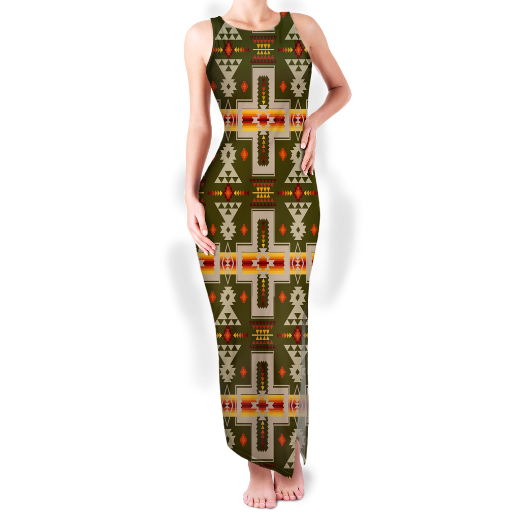 Powwow StoreGBNAT0006212  Pattern Native Round Neck Double Slit Sundress