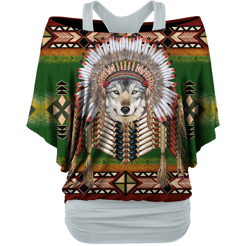 Powwow StoreGBNAT00374 Headdress Wolf Native  Women's Loose Dolman Sleeve Shirt