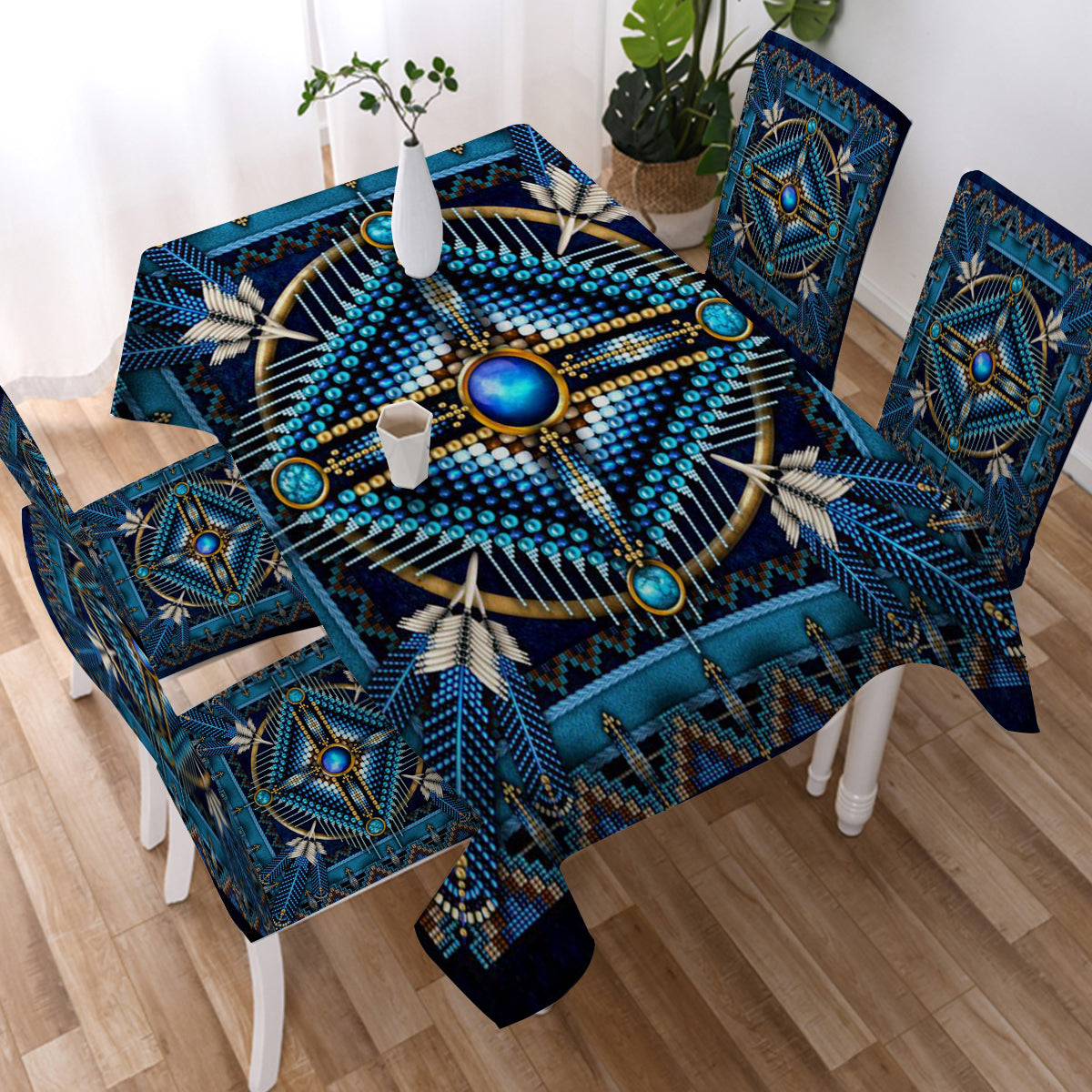 GB-NAT00083 Naumaddic Arts Blue Native American Tablecloth - Powwow Store