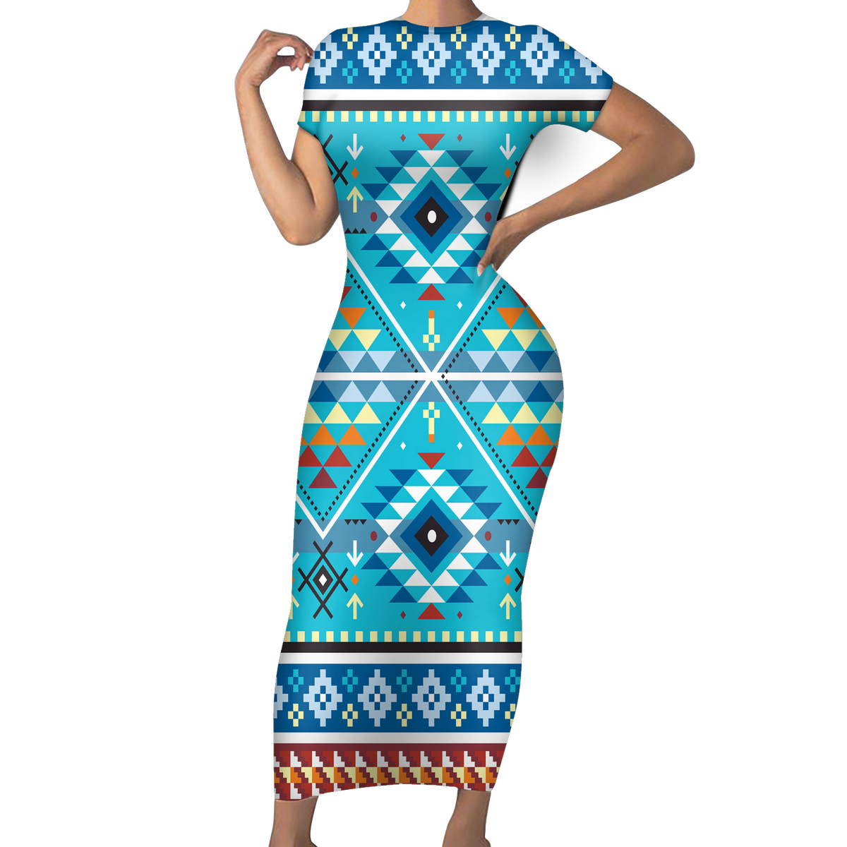 Powwow StoreGBNAT00739 Pattern Native ShortSleeved Body Dress