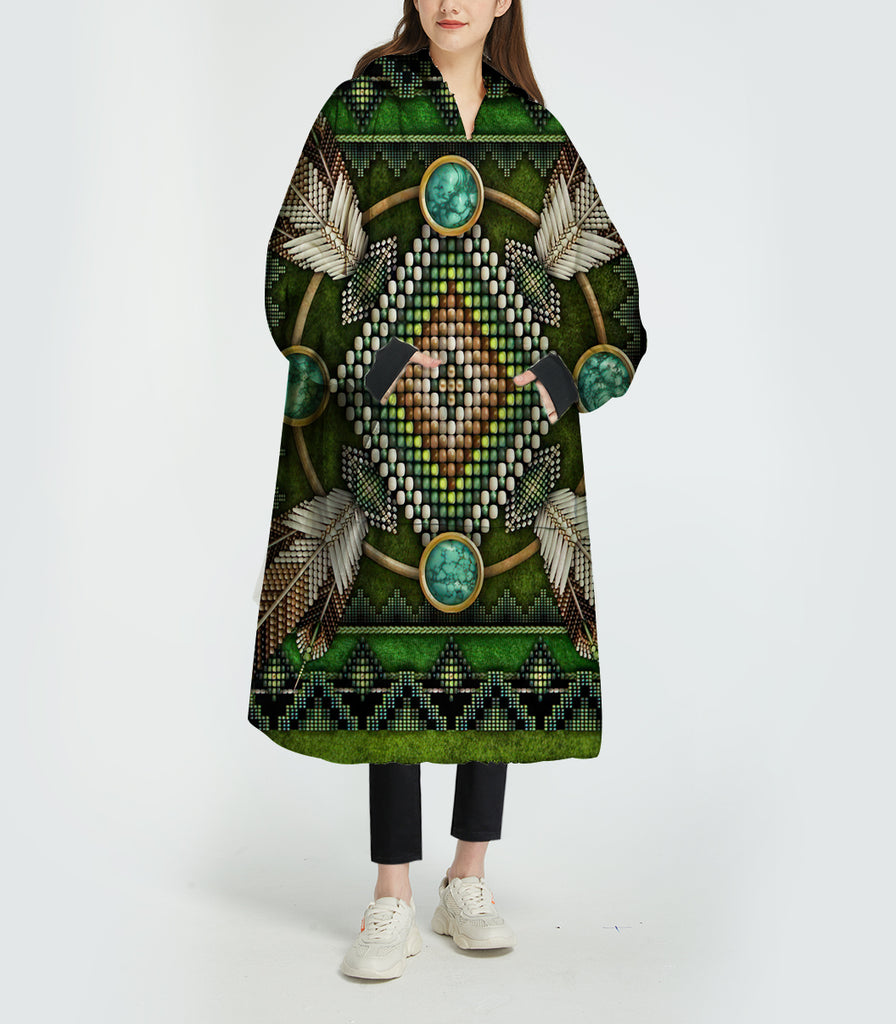 Powwow StoreGBNAT0002301 Naumaddic Arts Green Native3D Sherpa Hoodie Blanket