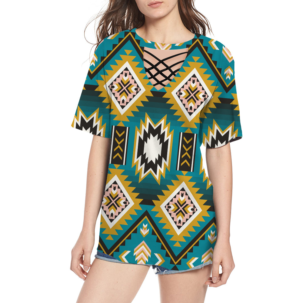 GB-NAT00517 Turquoise Geometric Pattern Round Neck Hollow Out Tshirt - Powwow Store