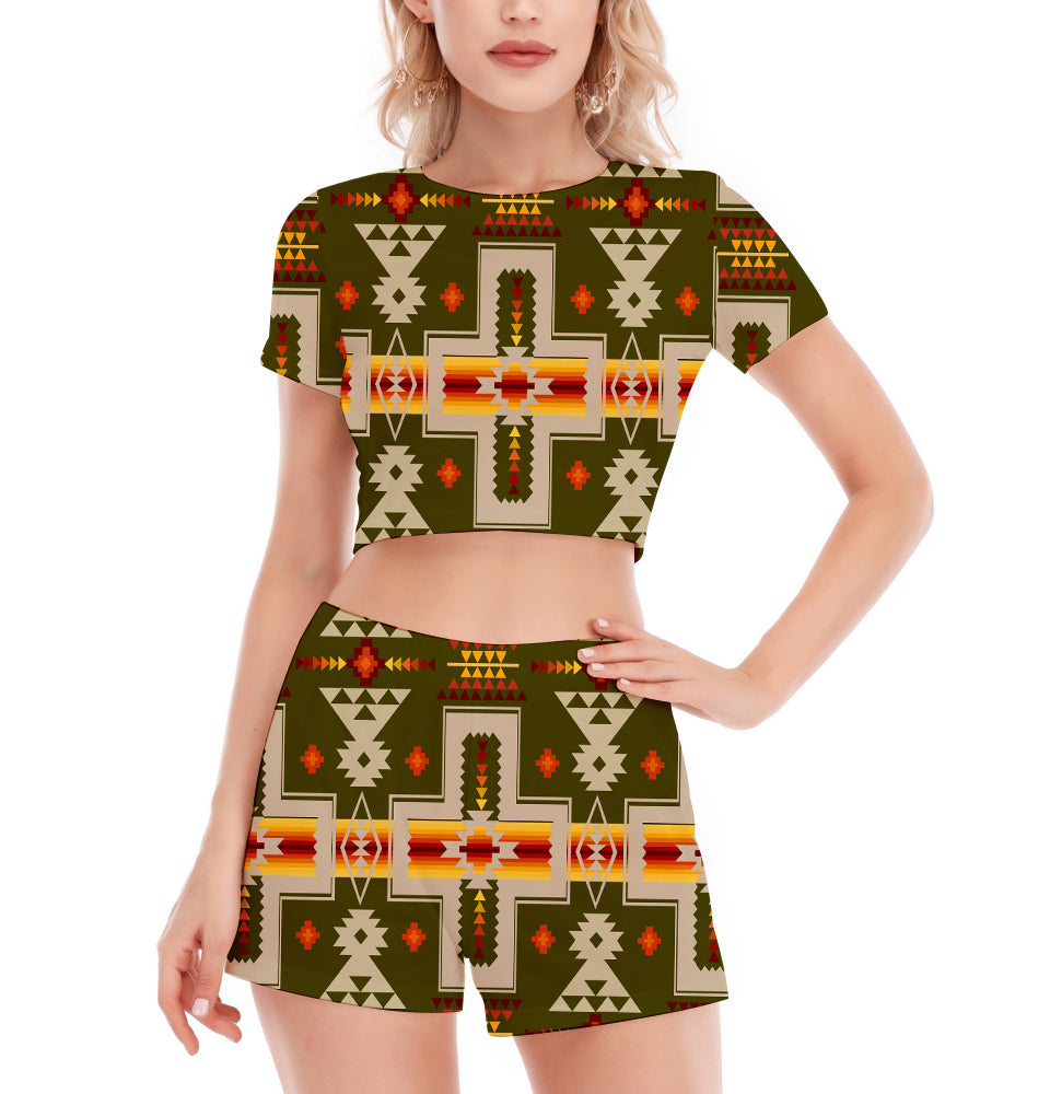 Powwow StoreGBNAT0006212 Pattern Native Women's Short Sleeve Cropped Top Shorts Suit