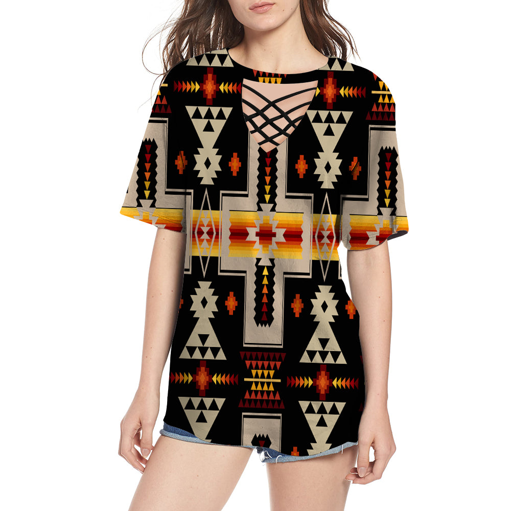 GB-NAT00062-01 Black Tribe Design Native American Round Neck Hollow Out Tshirt - Powwow Store