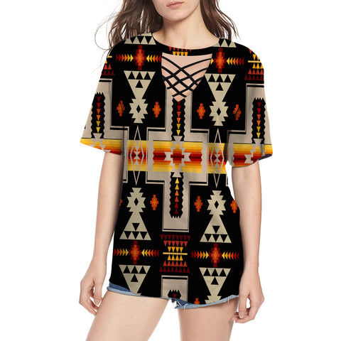 Powwow Store gb nat00062 01 black tribe design native american round neck hollow out tshirt