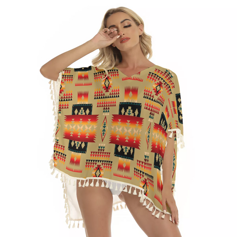 Powwow Store gb nat00046 15 light brown pattern square fringed shawl