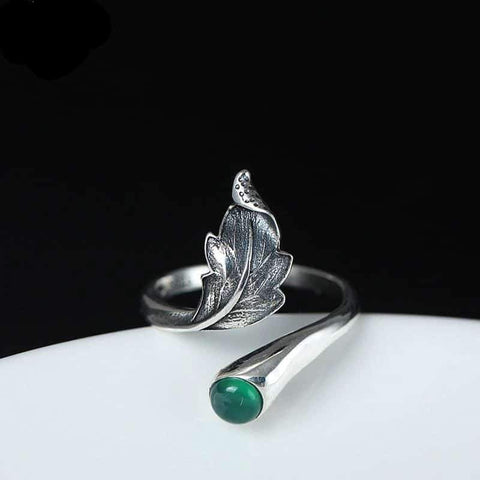 Green Natural Stone Feather Leaves Open Rings - ProudThunderbird