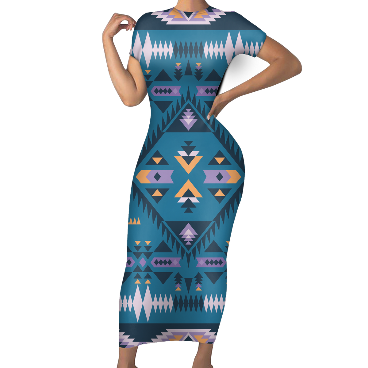 Powwow StoreGBNAT00740 Pattern Native ShortSleeved Body Dress