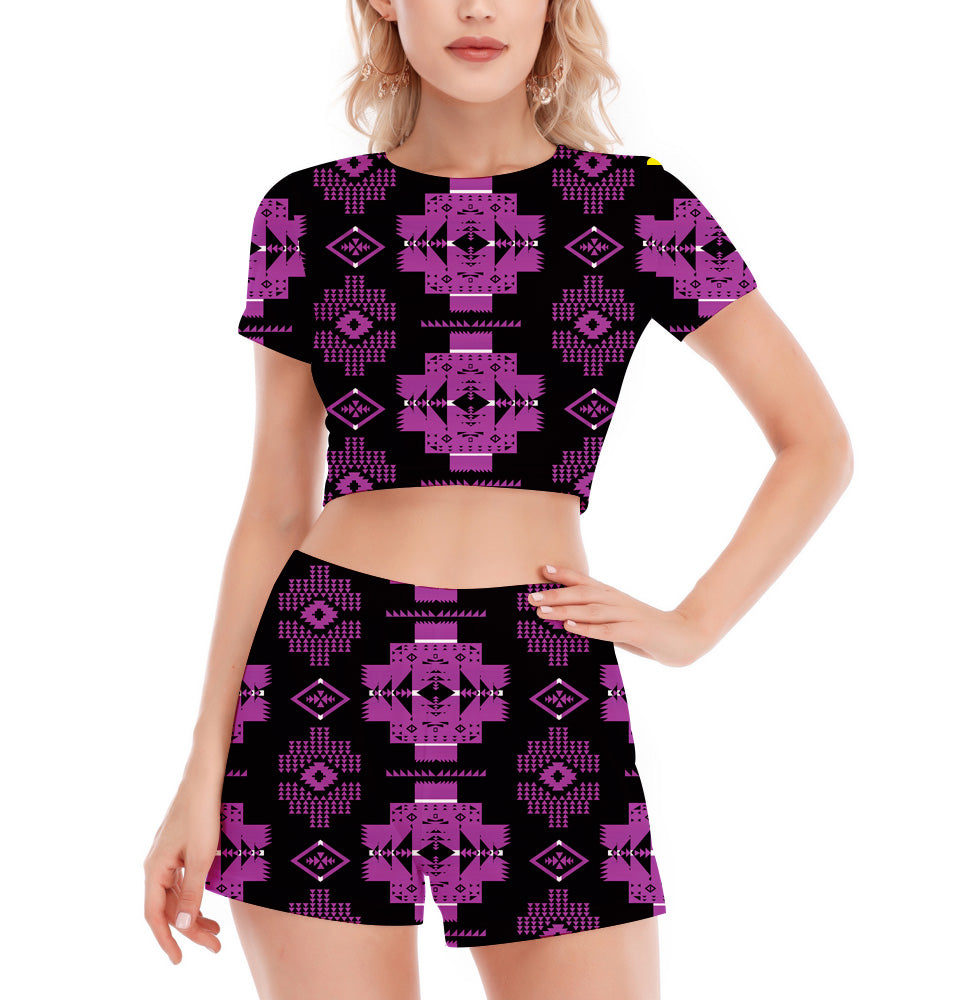 Powwow StoreGBHW00077 Pattern Native Women's Short Sleeve Cropped Top Shorts Suit