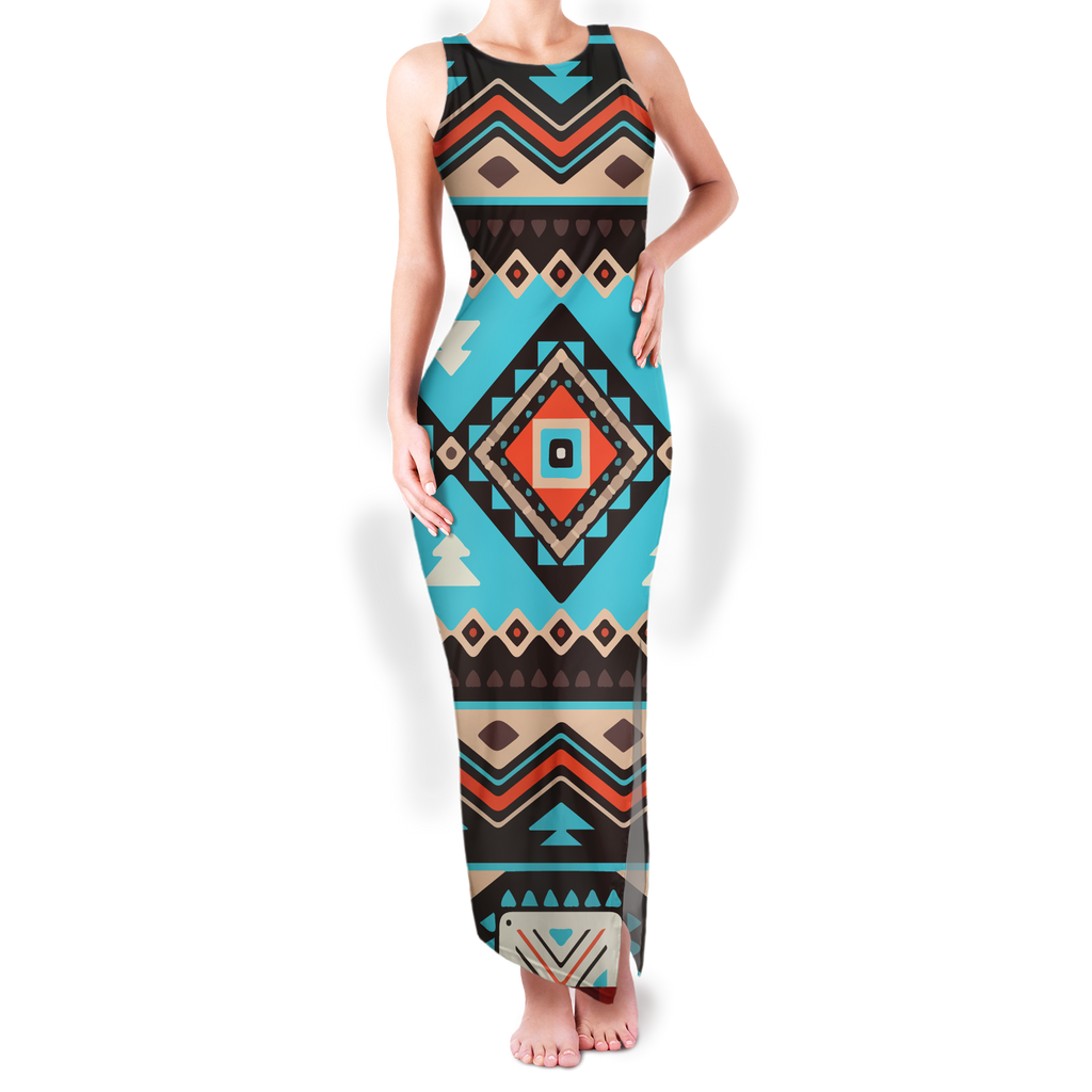 Powwow StoreGBNAT00319 Pattern Native Round Neck Double Slit Sundress