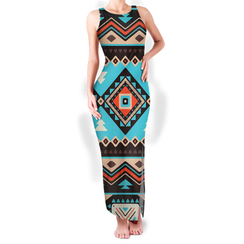 Powwow StoreGBNAT00319 Pattern Native Round Neck Double Slit Sundress