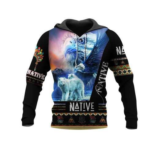 Powwow Store hd1109 eagle and wolf blue 3d hoodie