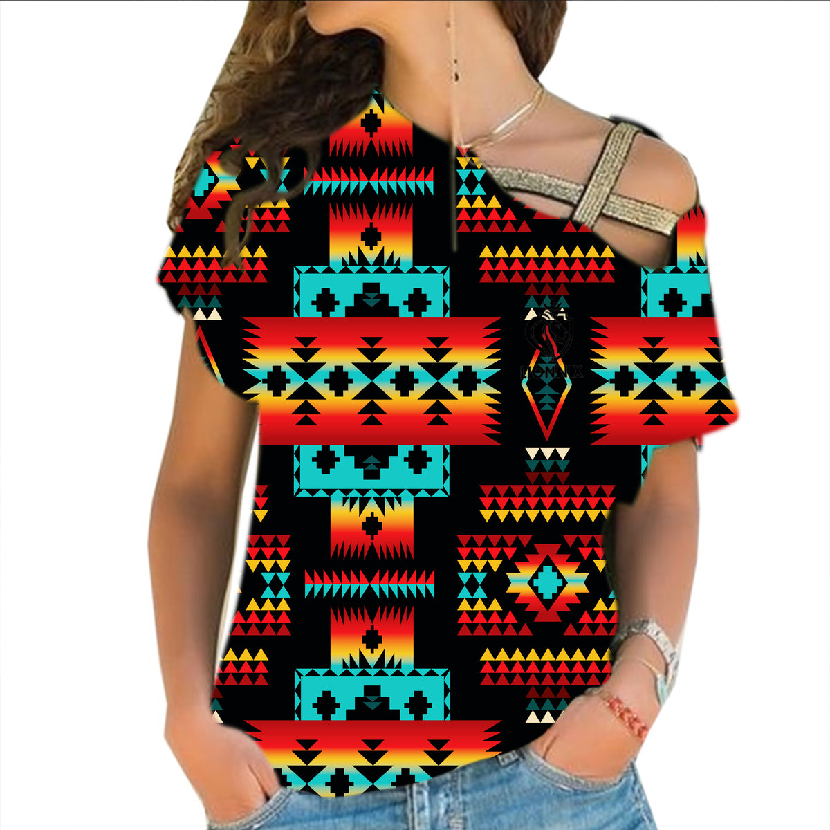 GB-NAT00046 Black Native Tribes Pattern Native American Cross Shoulder Shirt - Powwow Store