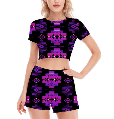 Powwow StoreGBNAT00720 Pattern Native Women's Short Sleeve Cropped Top Shorts Suit