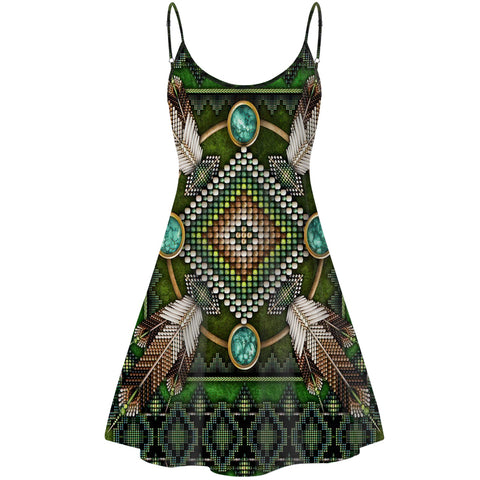 GB-NAT00023-01 Naumaddic Arts Green Native American Strings Dress