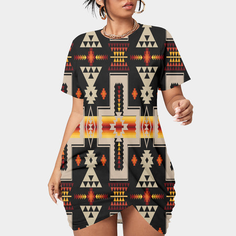 GB-NAT00062-01 Pattern Native Women’s Stacked Hem Dress With Short Sleeve