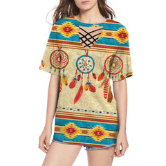 GB-NAT00524 Feather Dream Catchers Round Neck Hollow Out Tshirt - Powwow Store