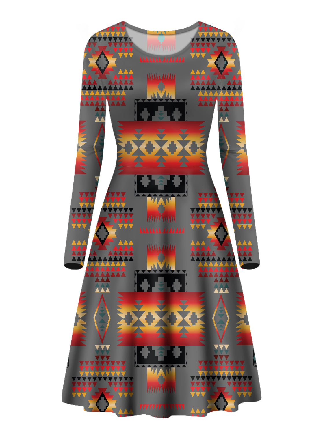 GB-NAT00046-11 Gray Pattern Native Long Sleeve Dress - Powwow Store