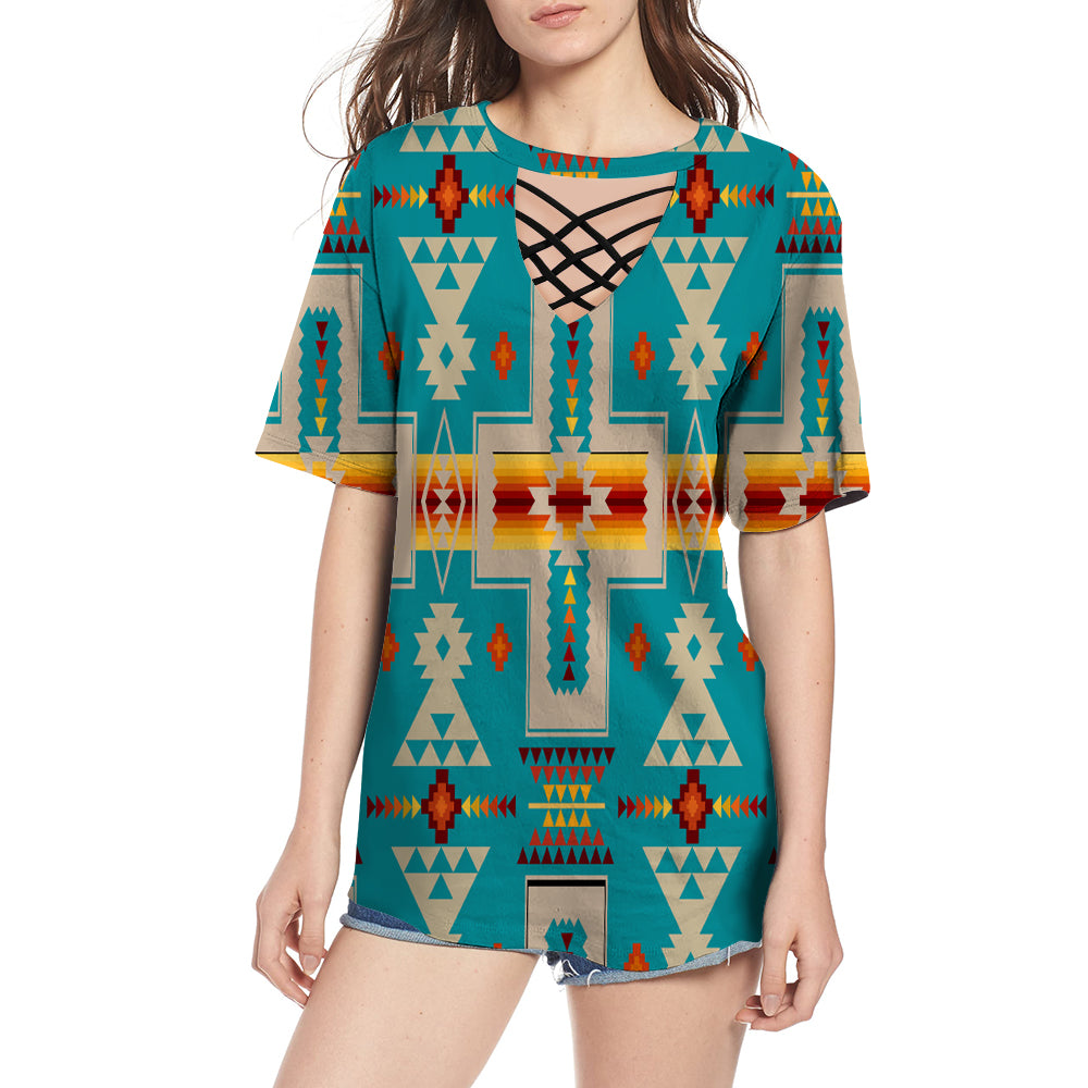 GB-NAT00062-05 Turquoise Tribe Design Native American Round Neck Hollow Out Tshirt - Powwow Store