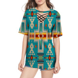 GB-NAT00062-05 Turquoise Tribe Design Native American Round Neck Hollow Out Tshirt