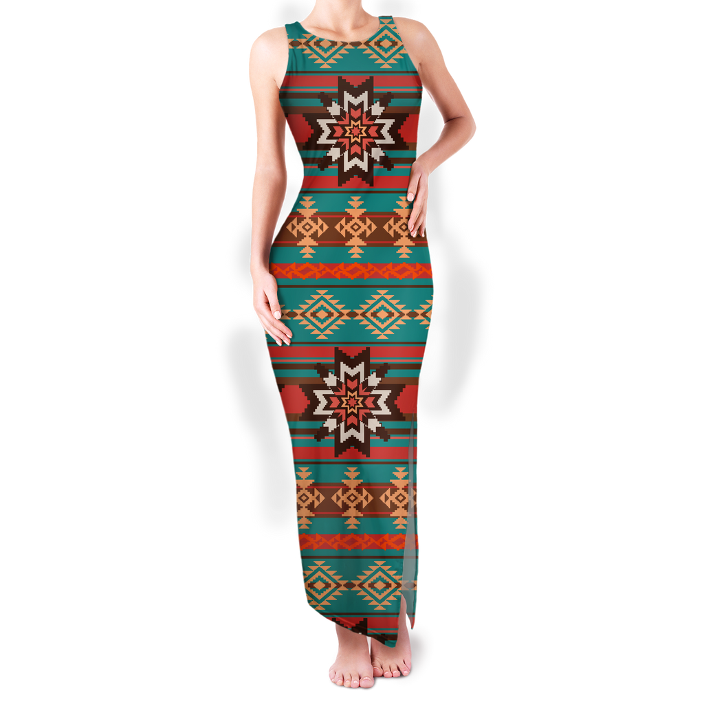 Powwow StoreGBNAT00320 Pattern Native Round Neck Double Slit Sundress